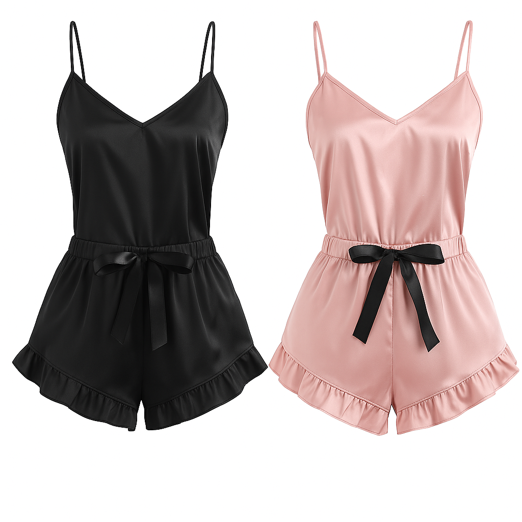 “Satin V-Neck Cami Pajama Set with Ruffled Bow Shorts”
