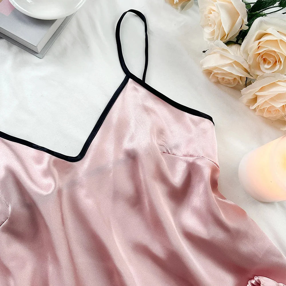 “Satin V-Neck Cami Pajama Set with Ruffled Bow Shorts”