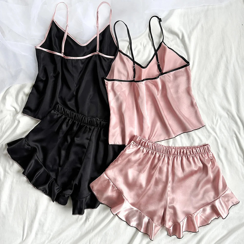 “Satin V-Neck Cami Pajama Set with Ruffled Bow Shorts”