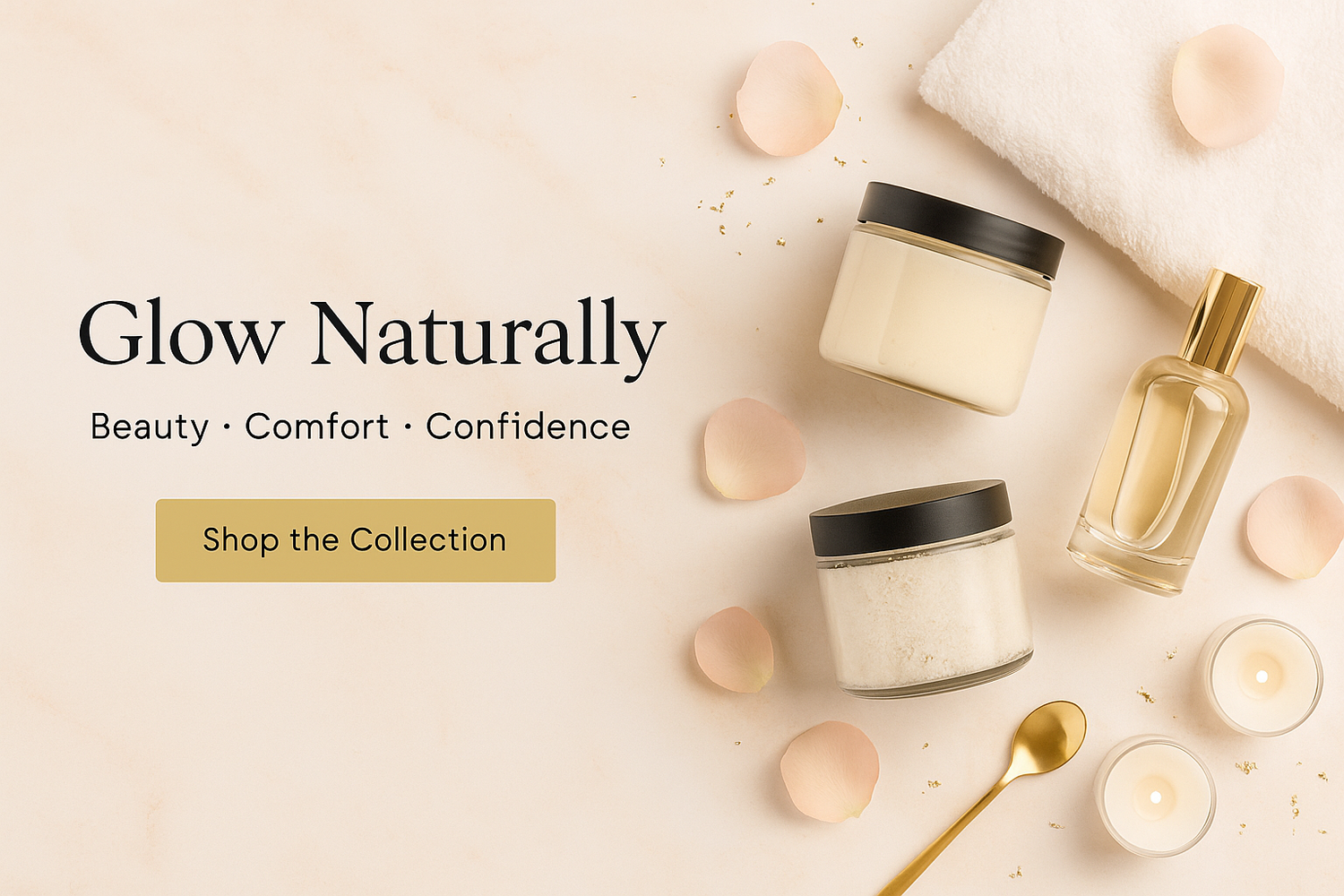 "Flat lay of black satin nightgown, golden sugar scrub, clear soap bar, and gold perfume bottle with cream rose on marble background"