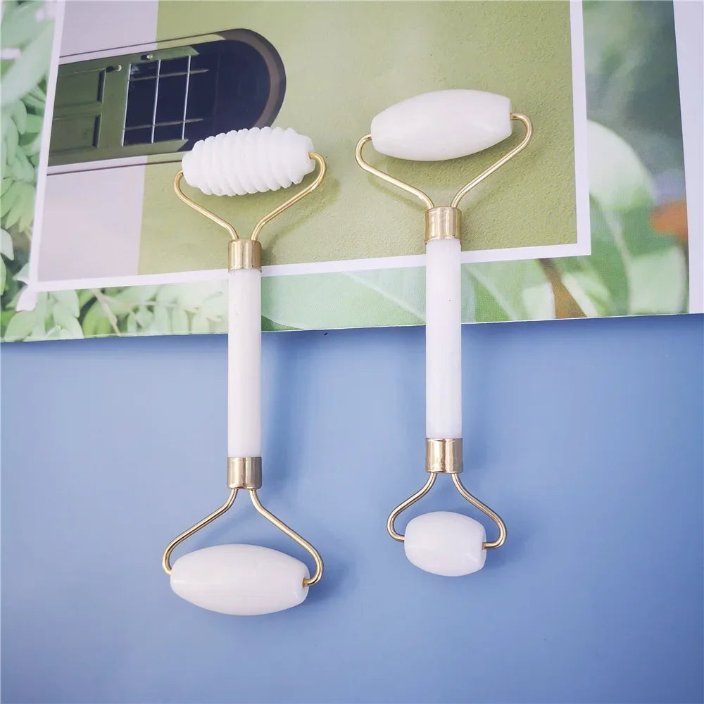 New White Jade Stone Massage Natural Quartz Scraper Jade Roller Gua Sha Set White Face Lifting Facial Massager Tool for Back