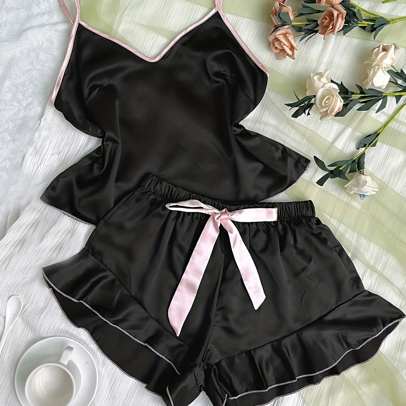“Satin V-Neck Cami Pajama Set with Ruffled Bow Shorts”