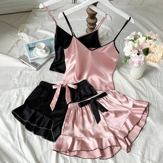 “Satin V-Neck Cami Pajama Set with Ruffled Bow Shorts”