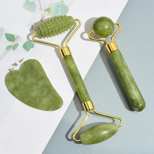 Natural Jade Roller & Gua Sha Set – Facial Lifting, Puffiness Reduction & Relaxation Massage Tools