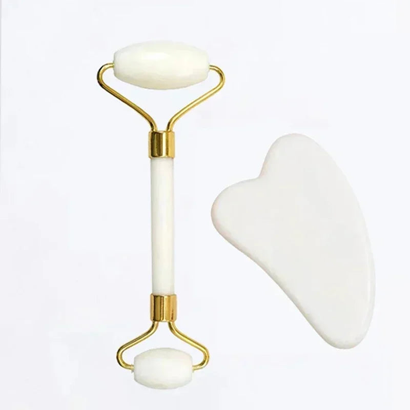 Ensemble rouleau de jade naturel et Gua Sha – Outils de massage pour le lifting du visage, la réduction des poches et la relaxation