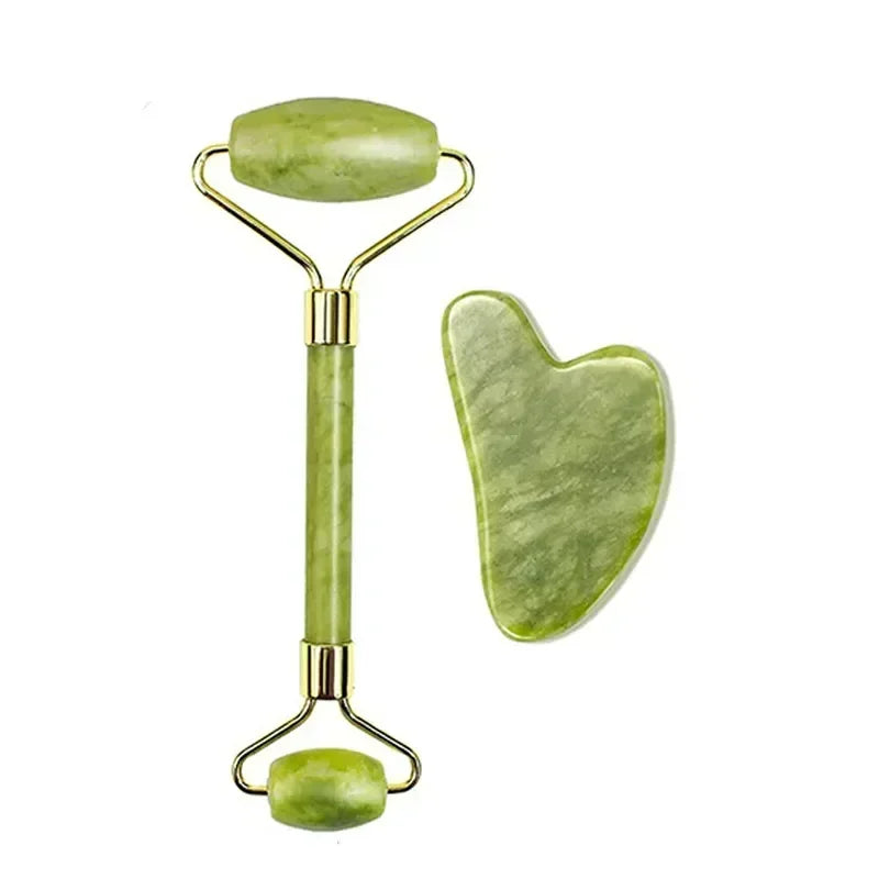 Ensemble rouleau de jade naturel et Gua Sha – Outils de massage pour le lifting du visage, la réduction des poches et la relaxation
