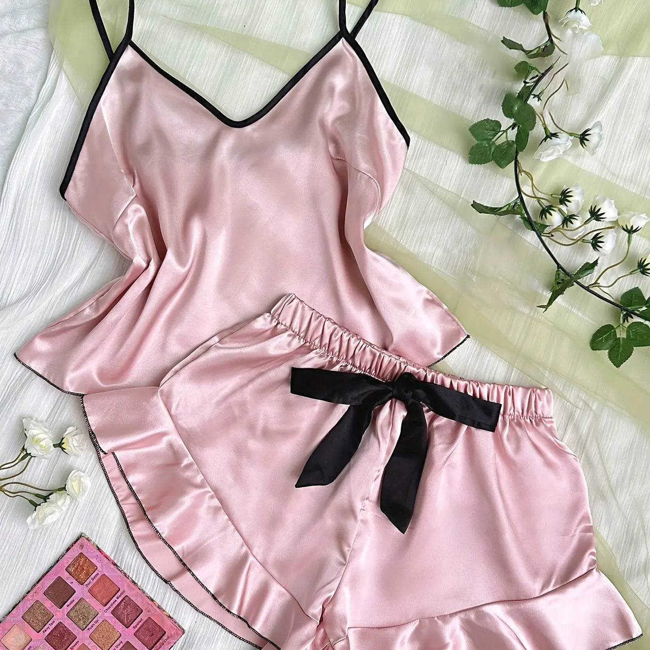 “Satin V-Neck Cami Pajama Set with Ruffled Bow Shorts”