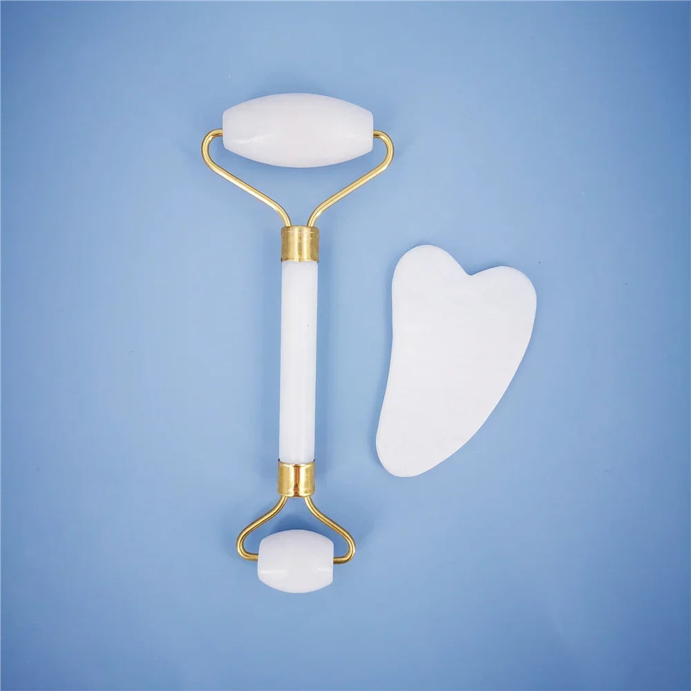 New White Jade Stone Massage Natural Quartz Scraper Jade Roller Gua Sha Set White Face Lifting Facial Massager Tool for Back